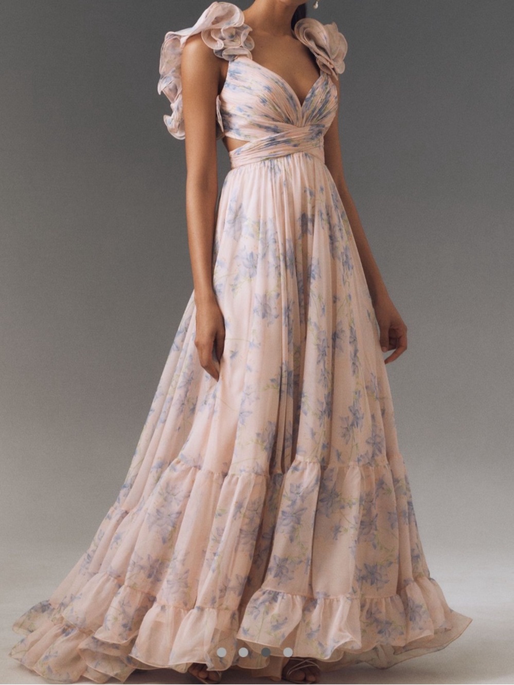 Mac Duggal Ruffle-Sleeve V-Neck Tiered Chiffon Maxi Dress